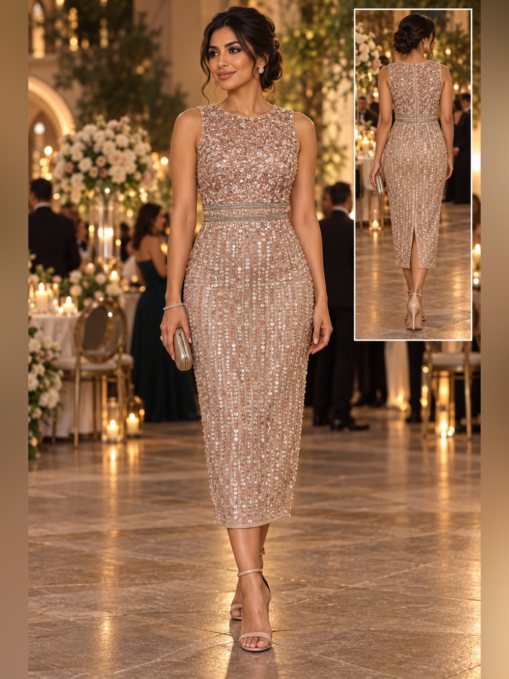 Mac Duggal Nude Sequin Beaded Midi Sheath Dress Size 4 NWT Cocktail Formal